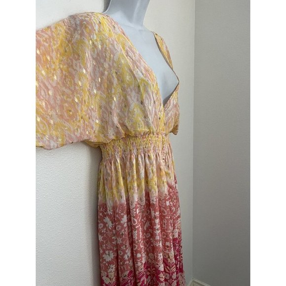 HOUSE OF HARLOW 1960 FLORAL PEACH MAXI DRESS RUFFLED TIERED METALLIC SIZ… - Picture 6 of 11